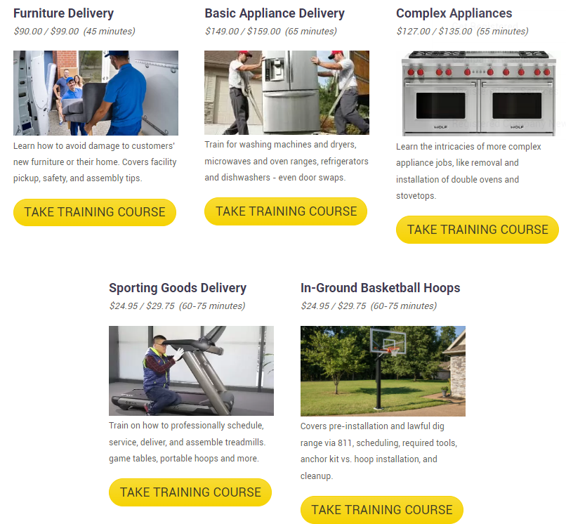 training categories for home goods deliveries